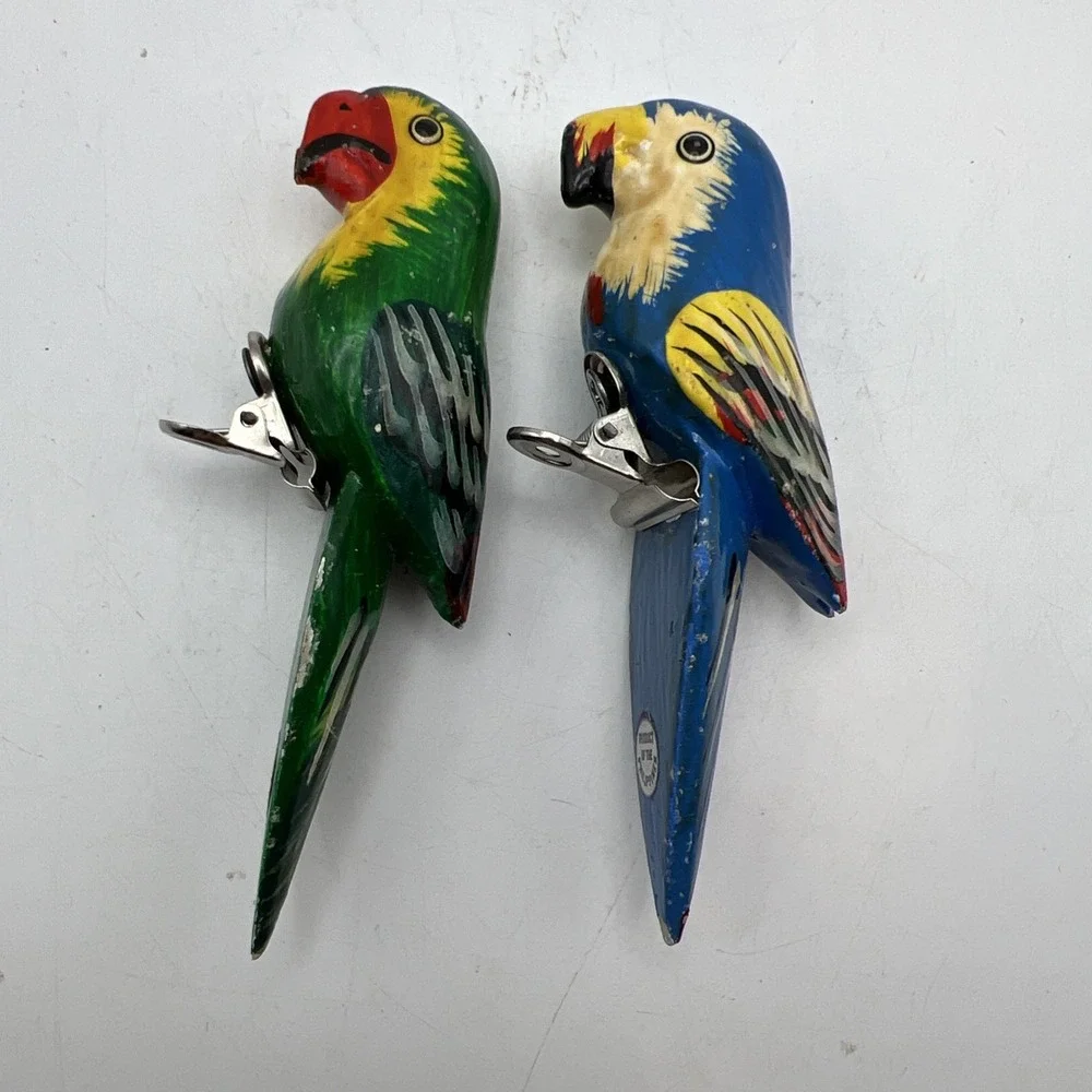 Vintage Hand Painted Carved Wood Parrot Clip On Ornaments Pair Philippines MCM